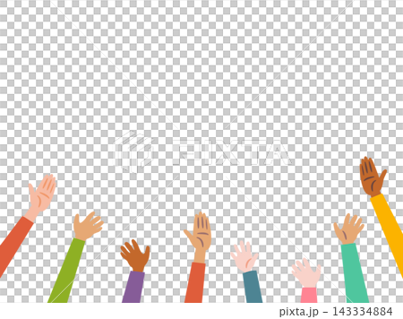 Multiple people in colorful clothing raising their hands_manga symbol Multiple people in colorful clothing raising their hands_manga symbol 143334884