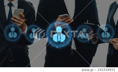 Business Professionals Using Mobile Devices for Network Communication and Collaboration in a Modern Office Setting with Digital Icons. Raster 143334931