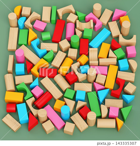 Colorful Wooden Geometric Building Blocks Scattered on Green Background Colorful Wooden Geometric Building Blocks Scattered on Green Background 143335307
