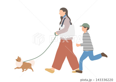 犬の散歩をする母親と男の子 犬の散歩をする母親と男の子 143336220