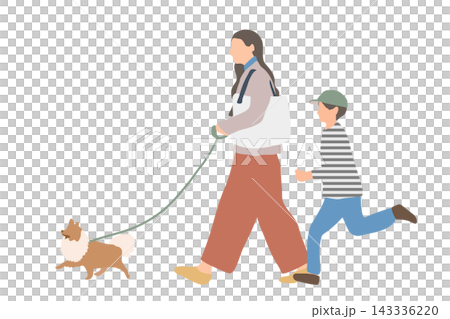犬の散歩をする母親と男の子 犬の散歩をする母親と男の子 143336220