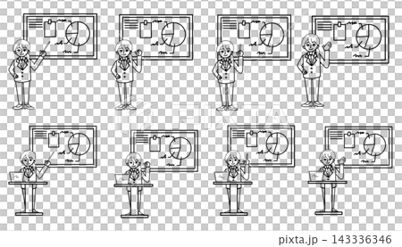 A set of variations of a woman in a suit giving a presentation in front of a whiteboard (monochrome, vector, and line art images). A set of variations of a woman in a suit giving a presentation in front of a whiteboard (monochrome, vector, and line art images). 143336346