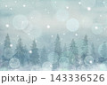 雪降る静寂の針葉樹林と幻想的な光のボケの水彩イラスト。冬の森林の背景素材。 143336526