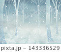 光り輝く雪と静寂の木立の幻想的な水彩テクスチャ背景素材。冬の魔法の美しいイラスト。 143336529