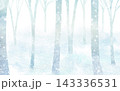 白銀の世界の幻想的な水彩イラスト。雪に覆われた明るい冬の森のフレーム背景素材。 143336531
