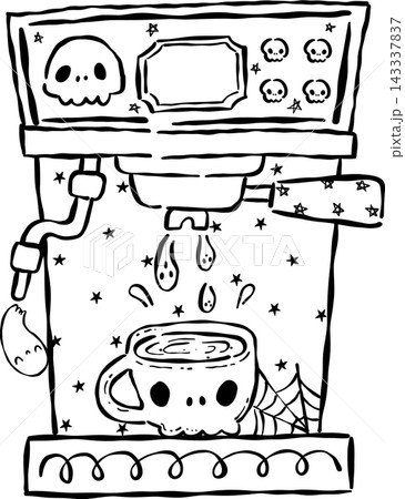 Spooky Cafe Halloween Outline Coffee Espresso Machine Hand Drawn Black and White Spooky Cafe Halloween Outline Coffee Espresso Machine Hand Drawn Black and White 143337837