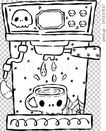 Spooky Cafe Halloween Outline Coffee Espresso Machine Hand Drawn Black and White Spooky Cafe Halloween Outline Coffee Espresso Machine Hand Drawn Black and White 143337837
