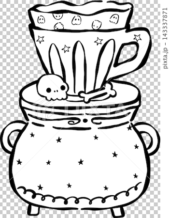 Spooky Cafe Halloween Outline Coffee Pour Over Cauldron Hand Drawn Black and White Spooky Cafe Halloween Outline Coffee Pour Over Cauldron Hand Drawn Black and White 143337871
