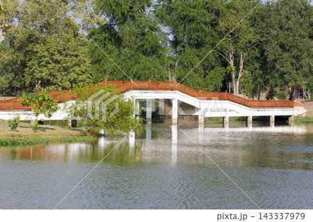White Footbridge with Wooden Railing over Tranquil Pond in Green Park, Ayutthaya Historical Park, Thailand White Footbridge with Wooden Railing over Tranquil Pond in Green Park, Ayutthaya Historical Park, Thailand 143337979