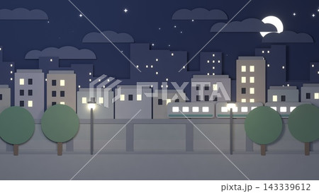 紙の切り絵の夜の街並みと明かりの灯る電車 背景イラスト 143339612