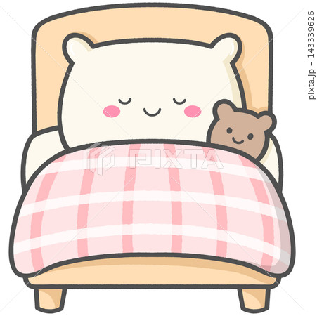 Cute Bed Character with Teddy Bear and Plaid Quilt 143339626