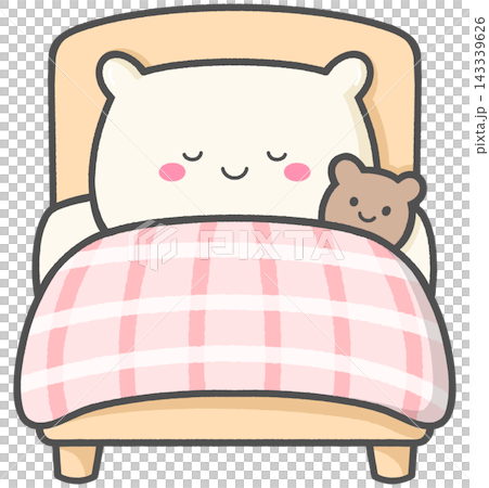 Cute Bed Character with Teddy Bear and Plaid Quilt 143339626