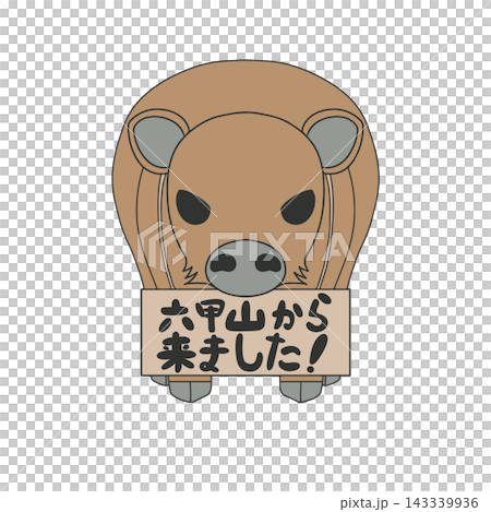 An illustration of a cute wild boar (tourist/guide) holding a sign that says "We came from Mount Rokko!" 143339936