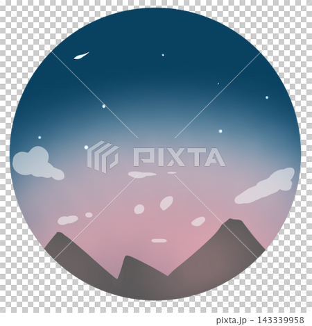 Round frame background material featuring a sunset/night sky and mountain range. Round frame background material featuring a sunset/night sky and mountain range. 143339958