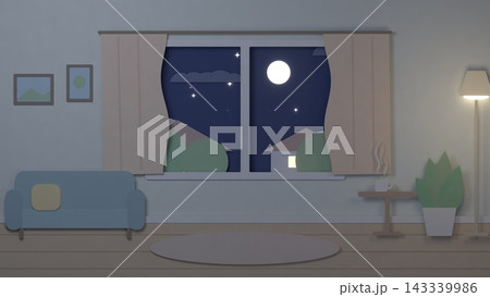 紙の切り絵の夜のリビング 月とフロアランプの明かり 背景イラスト 紙の切り絵の夜のリビング 月とフロアランプの明かり 背景イラスト 143339986