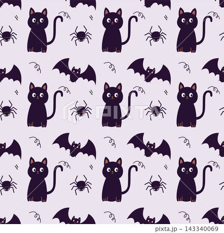 Halloween seamless pattern with cute black cat, bat and spider, spooky holiday vector background for fabric and wrapping paper Halloween seamless pattern with cute black cat, bat and spider, spooky holiday vector background for fabric and wrapping paper 143340069
