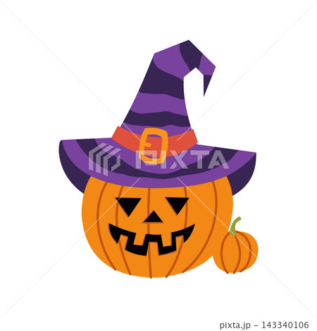 Halloween pumpkin jack o lantern in purple witch hat isolated on white background, cute spooky holiday vector illustration Halloween pumpkin jack o lantern in purple witch hat isolated on white background, cute spooky holiday vector illustration 143340106
