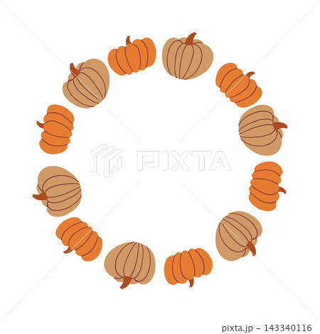 Orange and brown pumpkin wreath in simple hand drawn style, flat vector round frame with autumn squash for seasonal greeting card Orange and brown pumpkin wreath in simple hand drawn style, flat vector round frame with autumn squash for seasonal greeting card 143340116