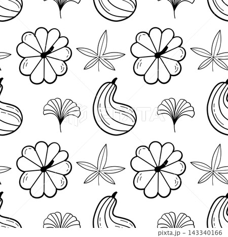 Autumn pumpkin and leaves seamless pattern black and white fall line art vector background for thanksgiving coloring page wrapping fabric Autumn pumpkin and leaves seamless pattern black and white fall line art vector background for thanksgiving coloring page wrapping fabric 143340166