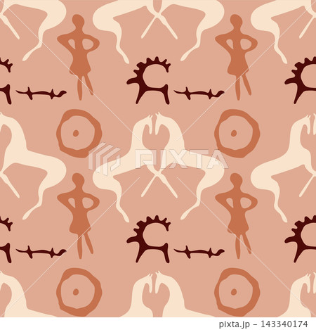 Ancient petroglyph person and horse seamless pattern, Saimaluu Tash cave art with primitive woman figure on beige background for identity Ancient petroglyph person and horse seamless pattern, Saimaluu Tash cave art with primitive woman figure on beige background for identity 143340174