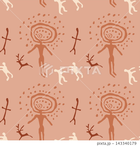Ancient petroglyph sunhead deity seamless pattern, Saimaluu Tash cave art with primitive shaman god illustration for poster merchandise Ancient petroglyph sunhead deity seamless pattern, Saimaluu Tash cave art with primitive shaman god illustration for poster merchandise 143340179
