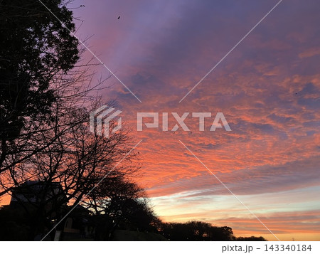 茜色に染まるドラマチックな夕焼け空 143340184