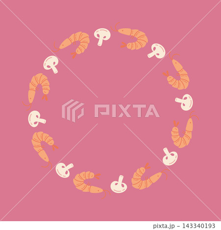 Shrimp and mushroom round frame with hand drawn seafood in circle shape for logo and menu design 143340193