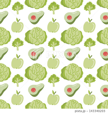 Green food seamless pattern with hand drawn avocado cabbage broccoli and apple for healthy product packaging Green food seamless pattern with hand drawn avocado cabbage broccoli and apple for healthy product packaging 143340203