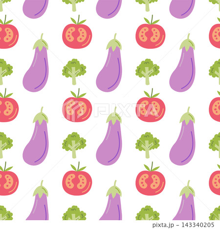 Vegetable seamless pattern with hand drawn eggplant tomato and broccoli for kitchen fabric and healthy food packaging 143340205