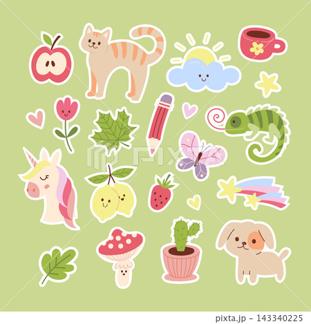 Kawaii sticker pack with cute animal and nature doodle element 143340225