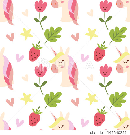 Seamless pattern with unicorn, tulip and strawberry doodle Seamless pattern with unicorn, tulip and strawberry doodle 143340231