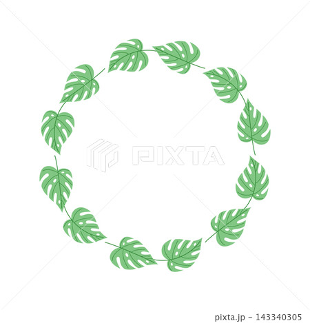 Monstera leaf wreath frame isolated on white, botanical circle border for tropical wedding invitation, logo design and eco branding Monstera leaf wreath frame isolated on white, botanical circle border for tropical wedding invitation, logo design and eco branding 143340305