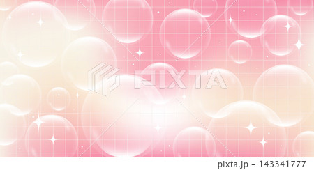 Soap bubbles on pink abstract background with soft gradient and checkered effect. Vector pastel dreamy iridescent Y2k backdrop for modern banner design 143341777