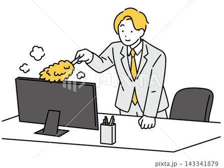 デスクの埃をはらう男性会社員のイラスト デスクの埃をはらう男性会社員のイラスト 143341879