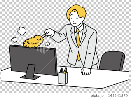 デスクの埃をはらう男性会社員のイラスト デスクの埃をはらう男性会社員のイラスト 143341879