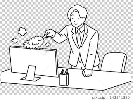 An illustration of a male office worker dusting his desk. An illustration of a male office worker dusting his desk. 143341880
