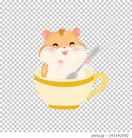 Cute hamster sitting in teacup with spoon isolated on white background 143342092