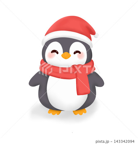 Cute Christmas penguin wearing Santa hat and red scarf isolated on white background 143342094