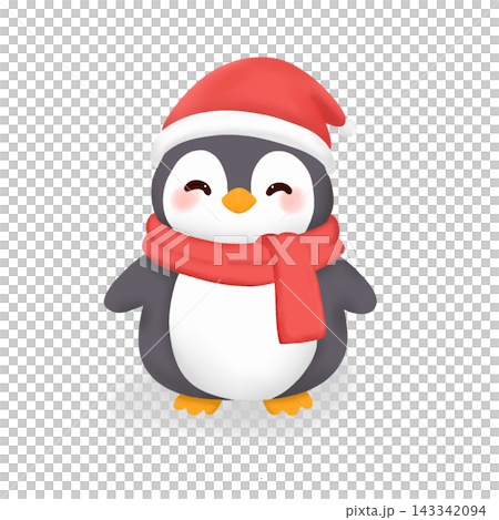 Cute Christmas penguin wearing Santa hat and red scarf isolated on white background 143342094