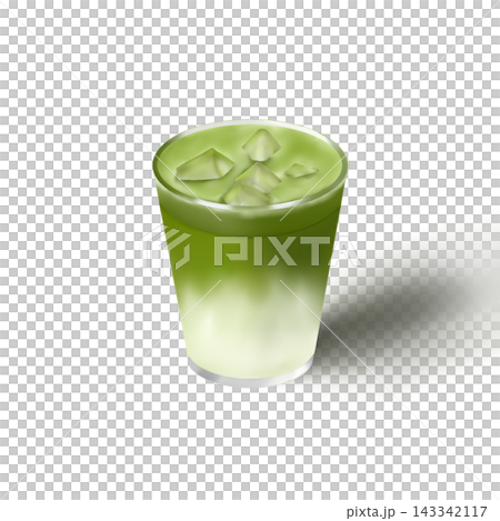 Iced matcha green tea latte with ice cubes in a glass isolated on white background Iced matcha green tea latte with ice cubes in a glass isolated on white background 143342117