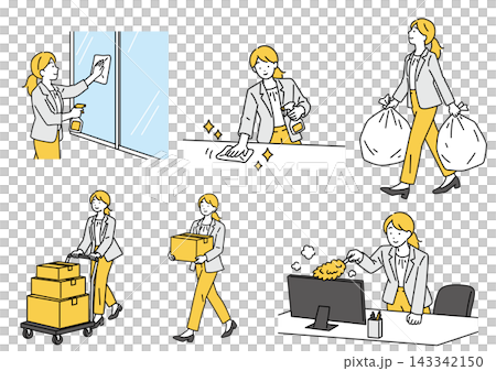オフィスを清掃する女性会社員のイラストセット オフィスを清掃する女性会社員のイラストセット 143342150