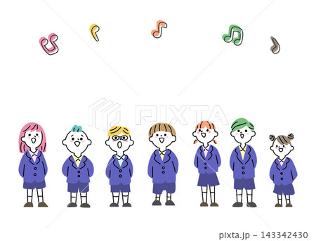 合唱する7人の子供たち。横並びのカラフルなベクターイラスト 143342430