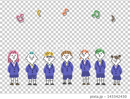 合唱する7人の子供たち。横並びのカラフルなベクターイラスト 143342430