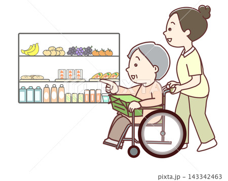 福祉 車いすで買い物をする高齢者の買い物を補助する介護士 福祉 車いすで買い物をする高齢者の買い物を補助する介護士 143342463