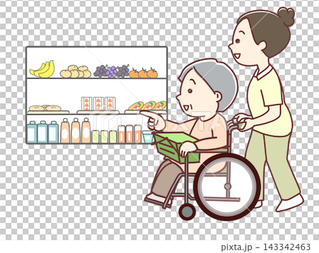 福祉 車いすで買い物をする高齢者の買い物を補助する介護士 福祉 車いすで買い物をする高齢者の買い物を補助する介護士 143342463