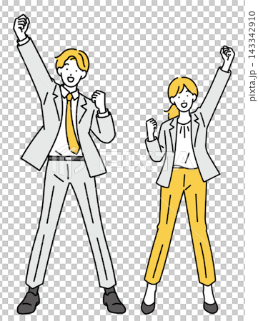 Illustration of a male and female office worker making a victory pose. Illustration of a male and female office worker making a victory pose. 143342910
