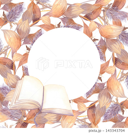 Open book framed by watercolor leaf and thistle wreath with circular blank center, muted autumn ochre mauve tones, top view stationery design for invitations and posters 143343704