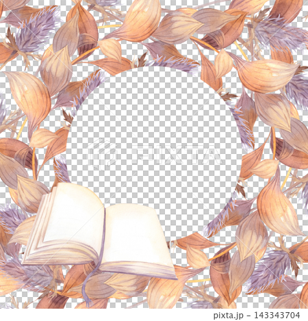 Open book framed by watercolor leaf and thistle wreath with circular blank center, muted autumn ochre mauve tones, top view stationery design for invitations and posters 143343704