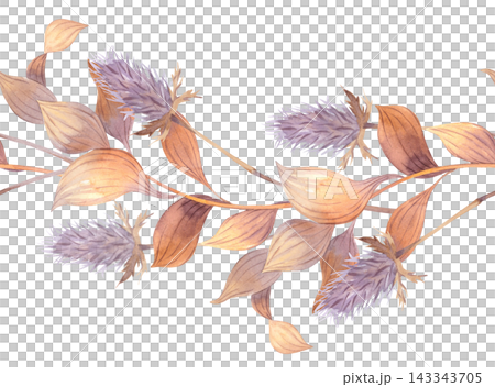 Watercolor botanical study of dried branches with purple thistle seed heads and warm brown leaves arranged diagonally Watercolor botanical study of dried branches with purple thistle seed heads and warm brown leaves arranged diagonally 143343705