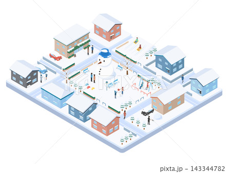 雪の積もった冬の住宅街と暮らしを描いたアイソメトリックイラスト 143344782
